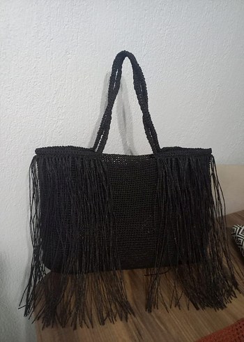 Püsküllü Siyah Örgü Bohem Kadın Çanta