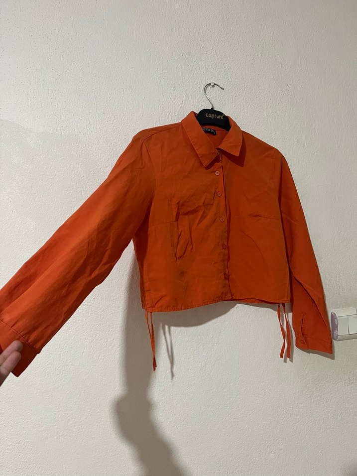 Turuncu Keten Uzun Kollu Gömlek - Görsel 2