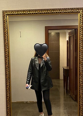 Düğmeli Siyah Deri Kadın blazer Ceket - Görsel 2