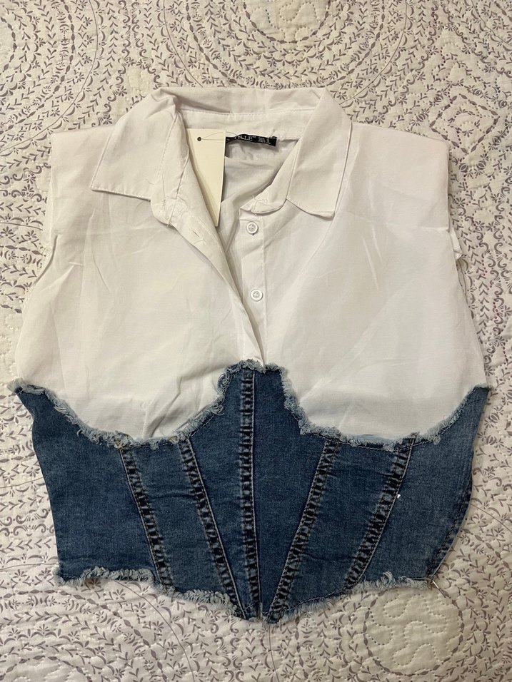 Düğmeli Beyaz Denim Mini Bluz - Görsel 2