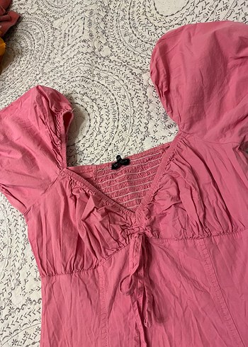 Pembe Keten V Yaka Fırfırlı elbise - Görsel 2