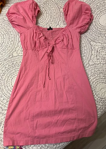 Pembe Keten V Yaka Fırfırlı elbise - Görsel 3