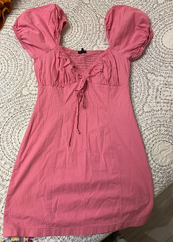 Pembe Keten V Yaka Fırfırlı elbise - Görsel 4