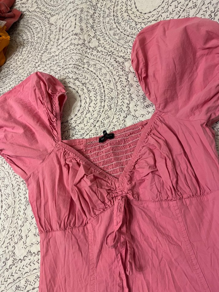 Pembe Keten V Yaka Fırfırlı elbise - Görsel 2