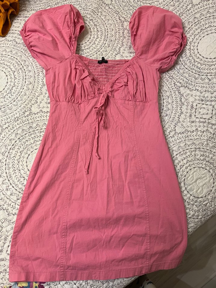 Pembe Keten V Yaka Fırfırlı elbise - Görsel 4