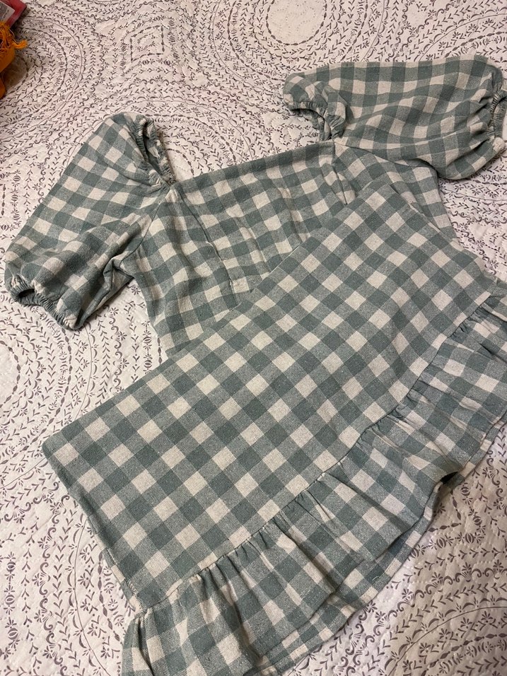 Gri Kareli Keten Midi Elbise - Görsel 2