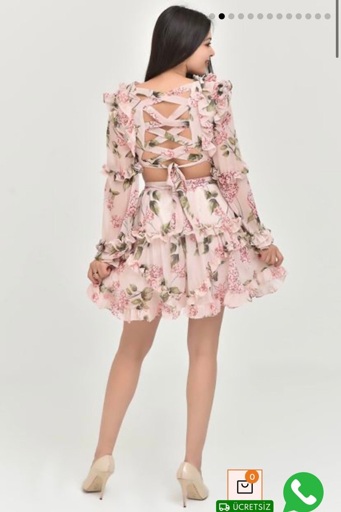 Pembe Çiçekli Fırfırlı Bohem Mini Elbise - Görsel 4
