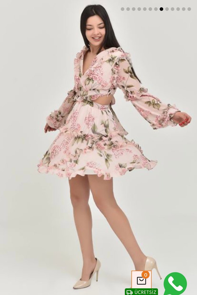 Pembe Çiçekli Fırfırlı Bohem Mini Elbise - Görsel 3