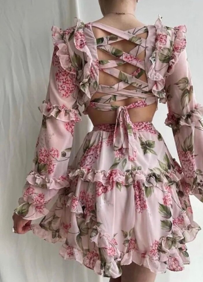 Pembe Çiçekli Fırfırlı Bohem Mini Elbise - Görsel 2