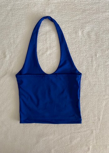 s Beden Mavi V Yakalı Kolsuz Crop Top