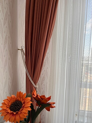Keten perde turuncu, gül kurusu, taba