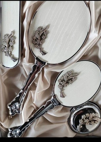 Nakışlı Beyaz Metal Ayna Seti - Görsel 2