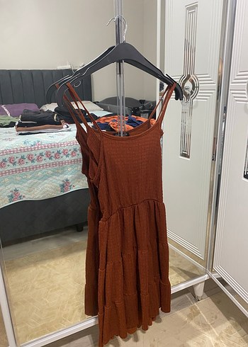 Diğer Kahverengi V Yaka Pilili Mini Elbise