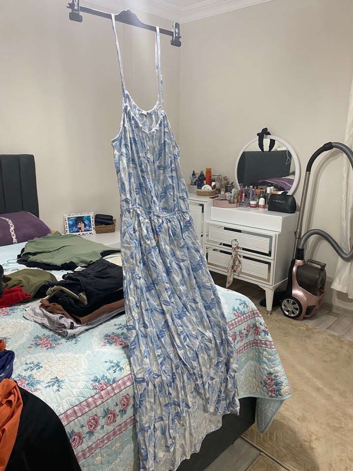 Mavi Bağcıklı Hamile Uzun Elbise - Görsel 2