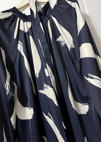 Gri Baskılı Mavi Uzun Salaş Kadın Elbise - Görsel 3