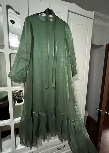 Parlak Yeşil Uzun Drapeli Kadın Abiye Elbise - Görsel 3