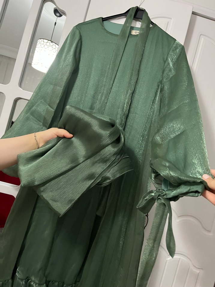 Parlak Yeşil Uzun Drapeli Kadın Abiye Elbise - Görsel 5