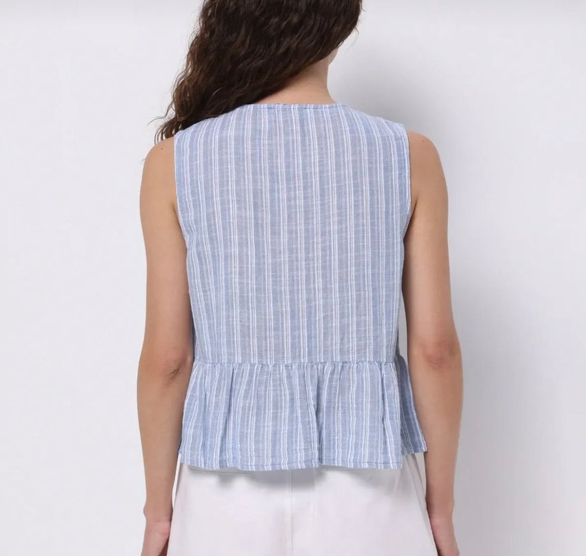 Mavi Çizgili Keten Düğmeli Kolsuz Bluz - Görsel 2