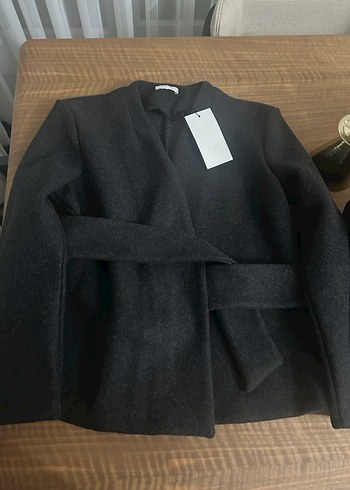 Zara Koyu antrasitGri Kemerli Kadın ceket - Görsel 3