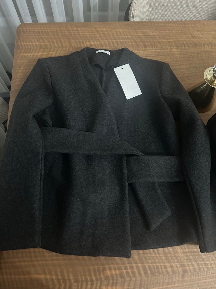 Zara Koyu antrasitGri Kemerli Kadın ceket - Görsel 3