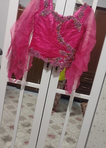 Pembe Uzun Kollu Drapeli Abiye Elbise - Görsel 3