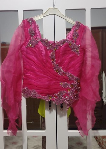 Pembe Uzun Kollu Drapeli Abiye Elbise - Görsel 5