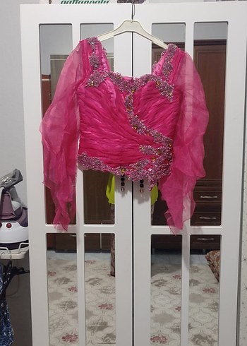 Pembe Uzun Kollu Drapeli Abiye Elbise - Görsel 4