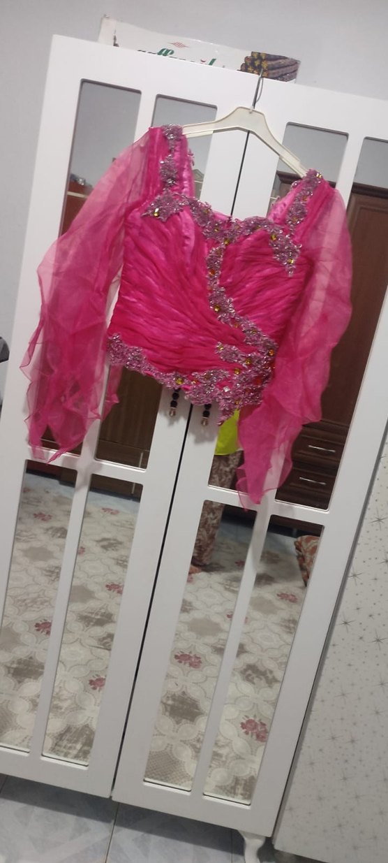 Pembe Uzun Kollu Drapeli Abiye Elbise - Görsel 3