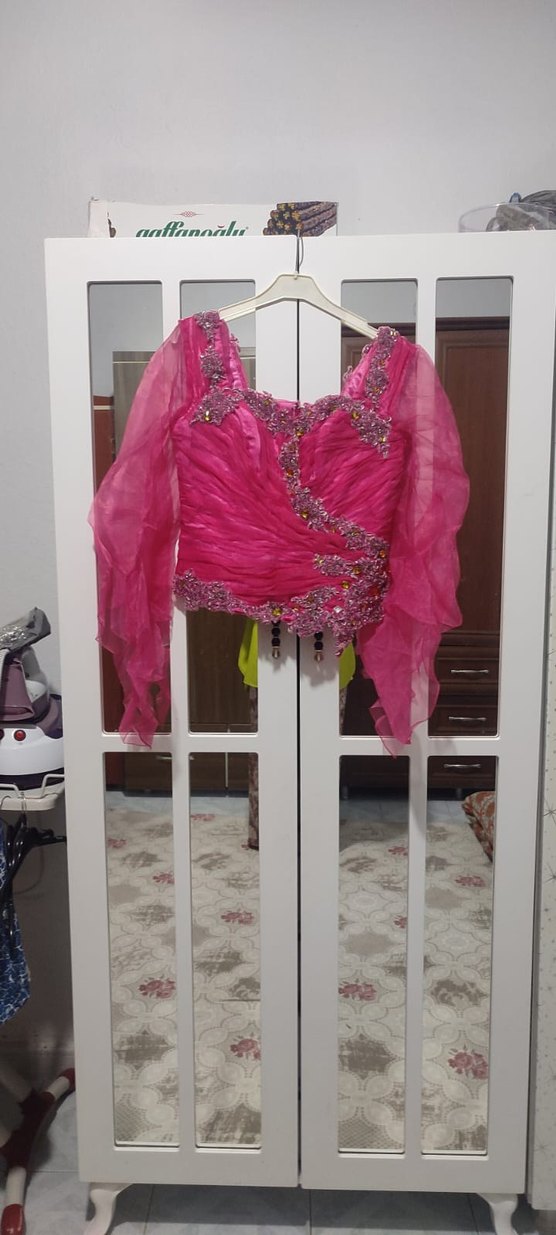 Pembe Uzun Kollu Drapeli Abiye Elbise - Görsel 4