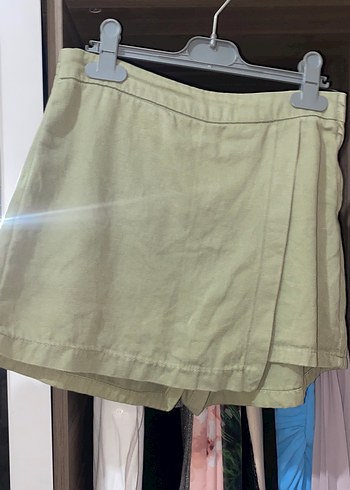 Bej Keten Pilili Mini Etek - Görsel 2