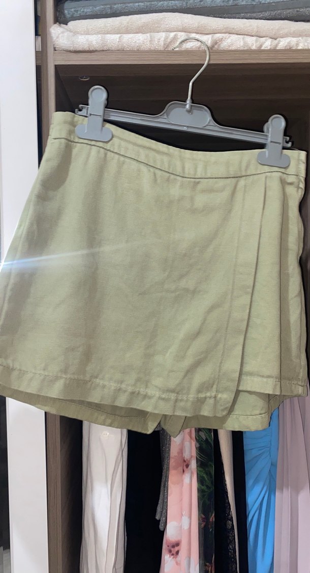 Bej Keten Pilili Mini Etek - Görsel 2