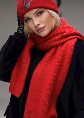 Nakışlı Kırmızı atkı/bere - Görsel 3