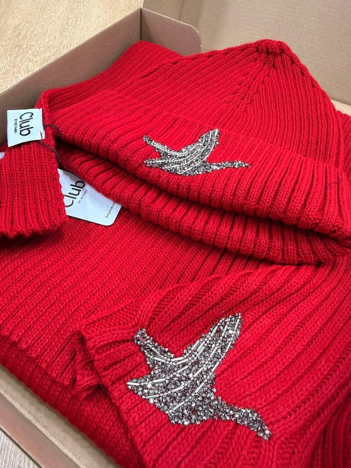 Nakışlı Kırmızı atkı/bere - Görsel 2