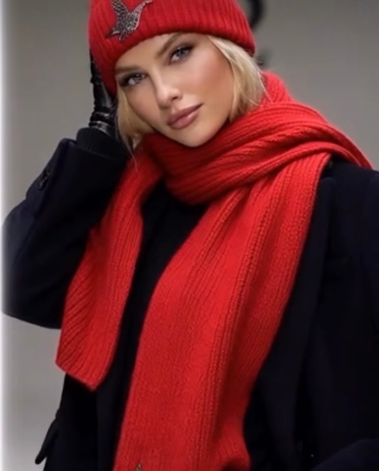 Nakışlı Kırmızı atkı/bere - Görsel 3