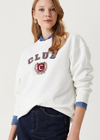 Beyaz Baskılı Pamuklu Kadın Sweatshirt - Görsel 5