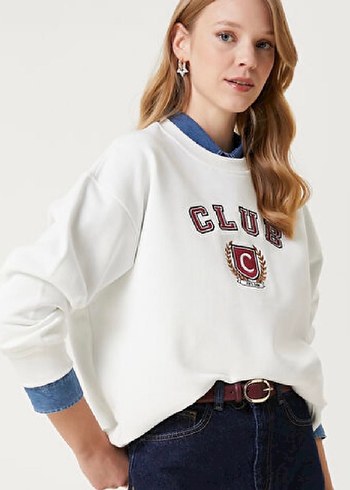 Beyaz Baskılı Pamuklu Kadın Sweatshirt - Görsel 3