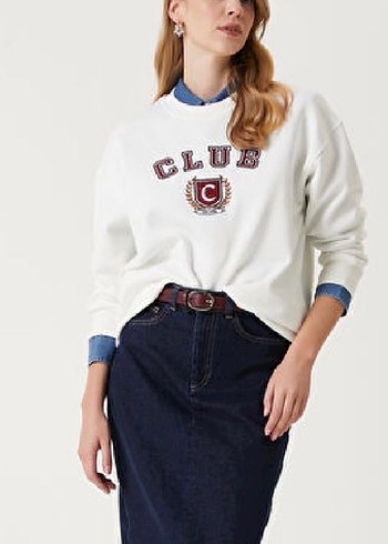 Beyaz Baskılı Pamuklu Kadın Sweatshirt - Görsel 6