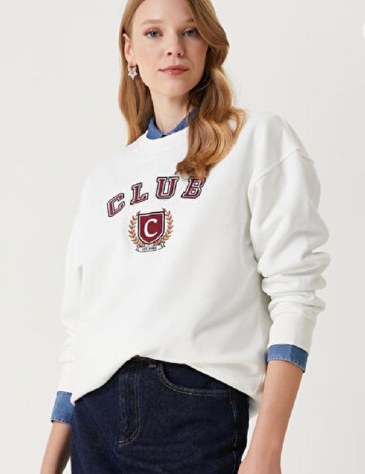 Beyaz Baskılı Pamuklu Kadın Sweatshirt - Görsel 5