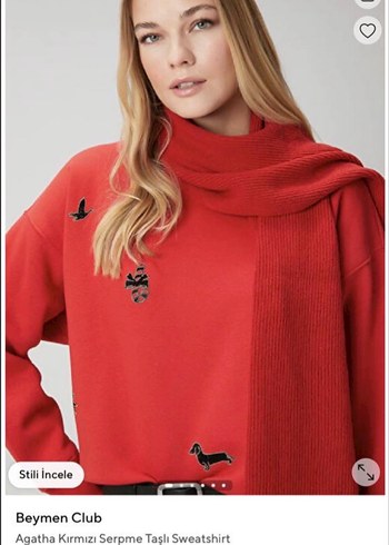 Kırmızı Nakışlı Kadın Sweatshirt - Görsel 4