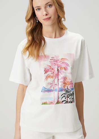 Beyaz Baskılı Kadın Kısa Kollu Tişört - Görsel 4