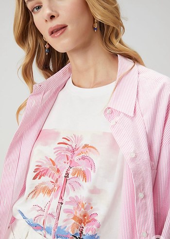 Beyaz Baskılı Kadın Kısa Kollu Tişört - Görsel 2