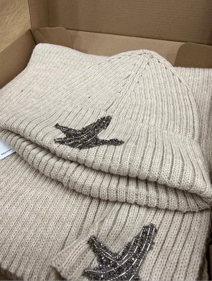 Bej Örgü Kadın Yün Bere/atkı - Görsel 5