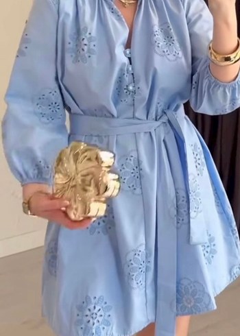 Nakışlı Mavi Bohem Midi Kadın Elbise - Görsel 2