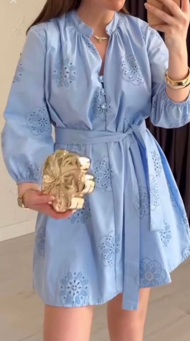 Nakışlı Mavi Bohem Midi Kadın Elbise - Görsel 2