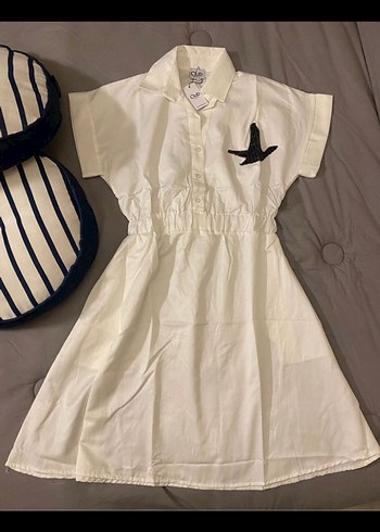 Düğmeli, Nakışlı Beyaz Mini Gömlek elbise - Görsel 6