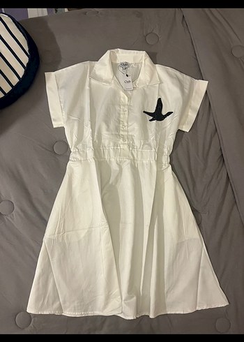 Düğmeli, Nakışlı Beyaz Mini Gömlek elbise - Görsel 4