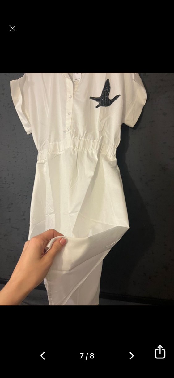 Düğmeli, Nakışlı Beyaz Mini Gömlek elbise - Görsel 3