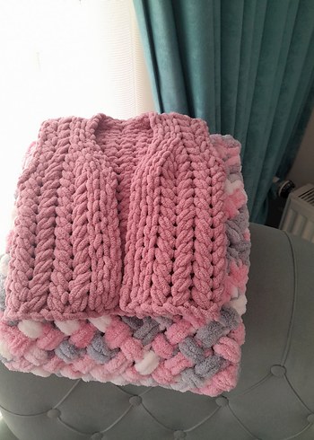 Pembe Örgü bebek Yeleği ve  Battaniyesi - Görsel 3