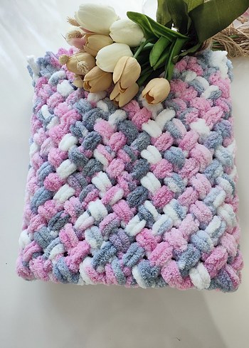 Pembe ve Gri Çocuk Örgü Battaniye - Görsel 4