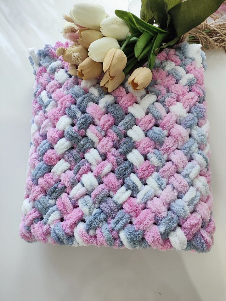 Pembe ve Gri Çocuk Örgü Battaniye - Görsel 4